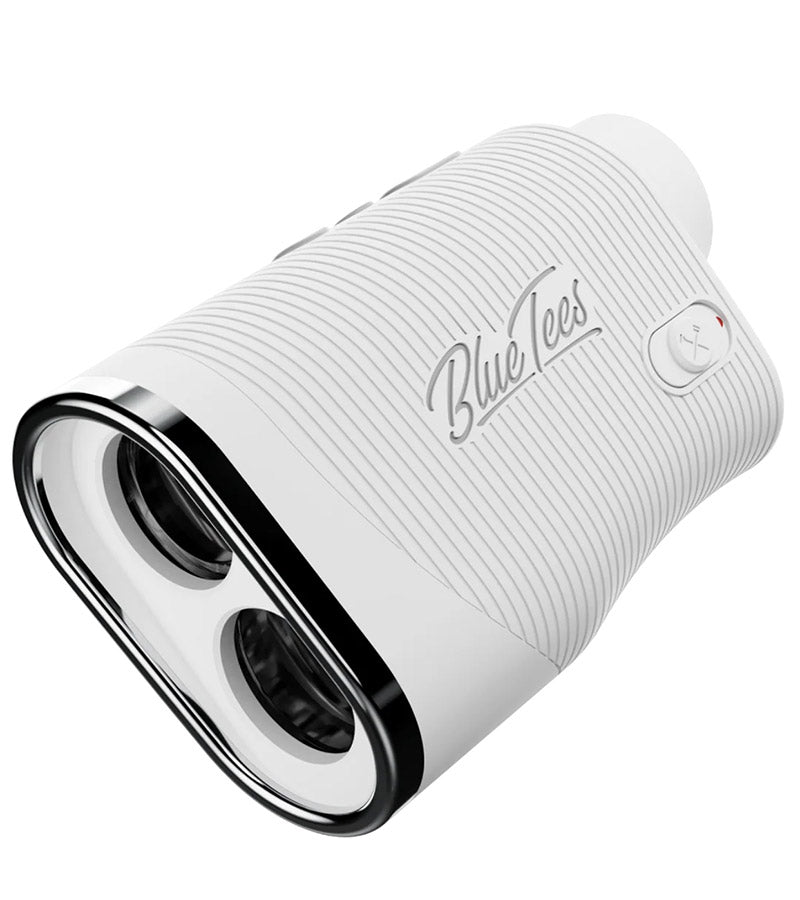A white Blue Tees Series 3 Max+ Laser Rangefinder with a black accent, displaying the rangefinder's lens and control panel.