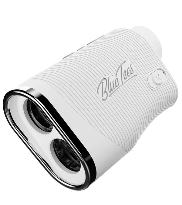A white Blue Tees Series 3 Max+ Laser Rangefinder with a black accent, displaying the rangefinder's lens and control panel.