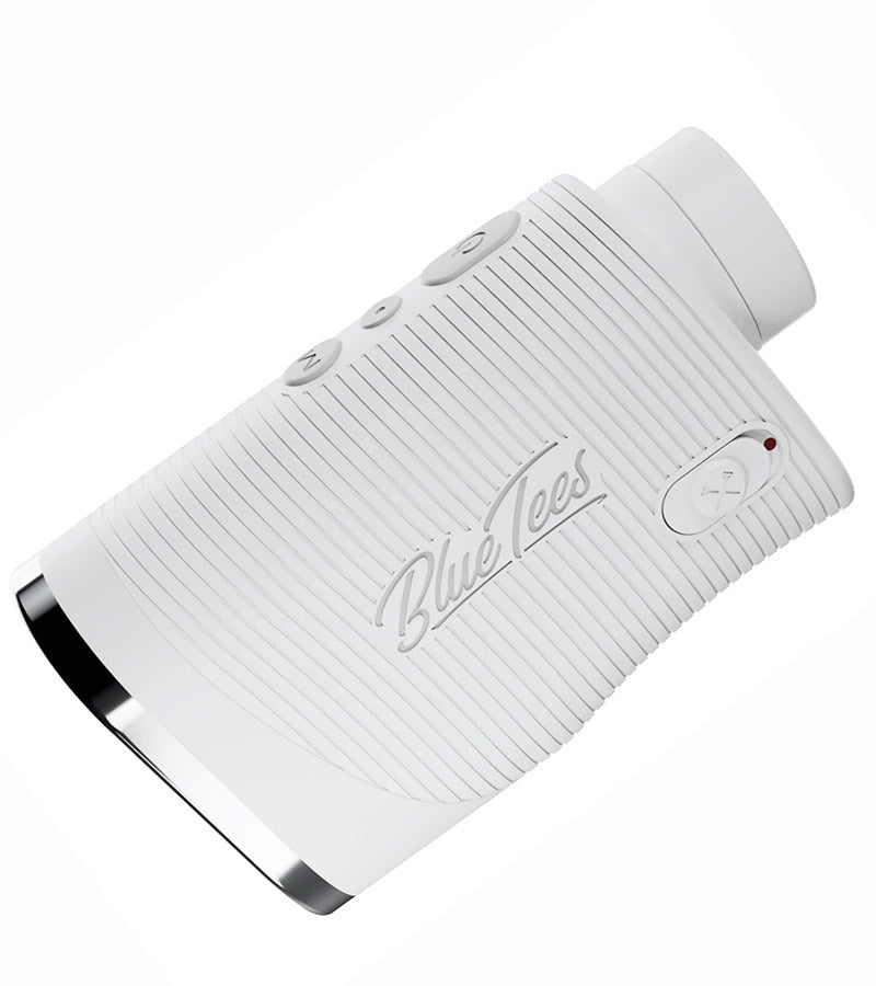 A white Blue Tees Series 3 Max+ Laser Rangefinder with a black accent, Side view 2