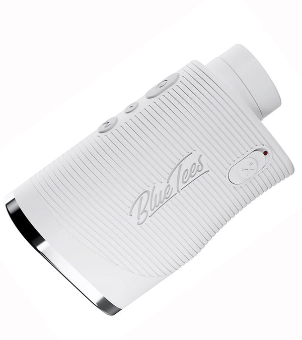 A white Blue Tees Series 3 Max+ Laser Rangefinder with a black accent, Side view 2