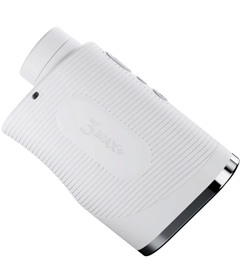 A white Blue Tees Series 3 Max+ Laser Rangefinder with a black accent, Side view 1