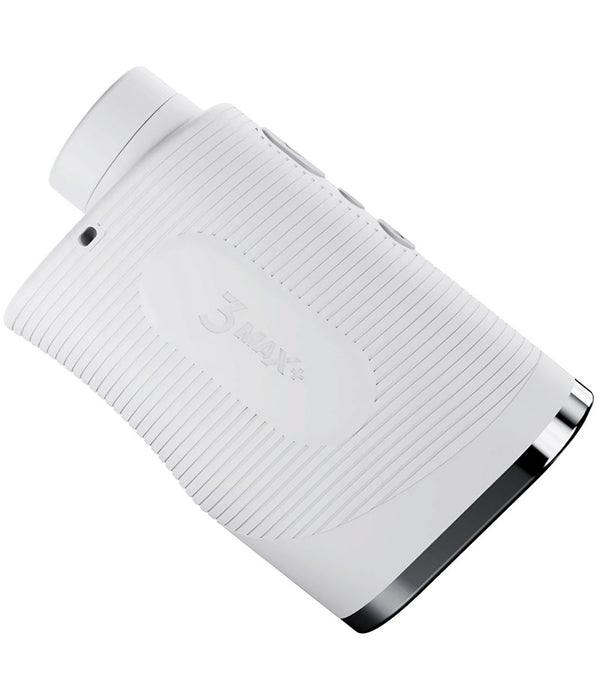 A white Blue Tees Series 3 Max+ Laser Rangefinder with a black accent, Side view 1