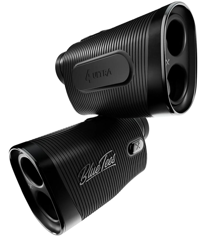 Black Blue Tees Series 4 Ultra Laser Rangefinder with OLED display and flag lock technology, featuring the brand logo on the side. 2 views
