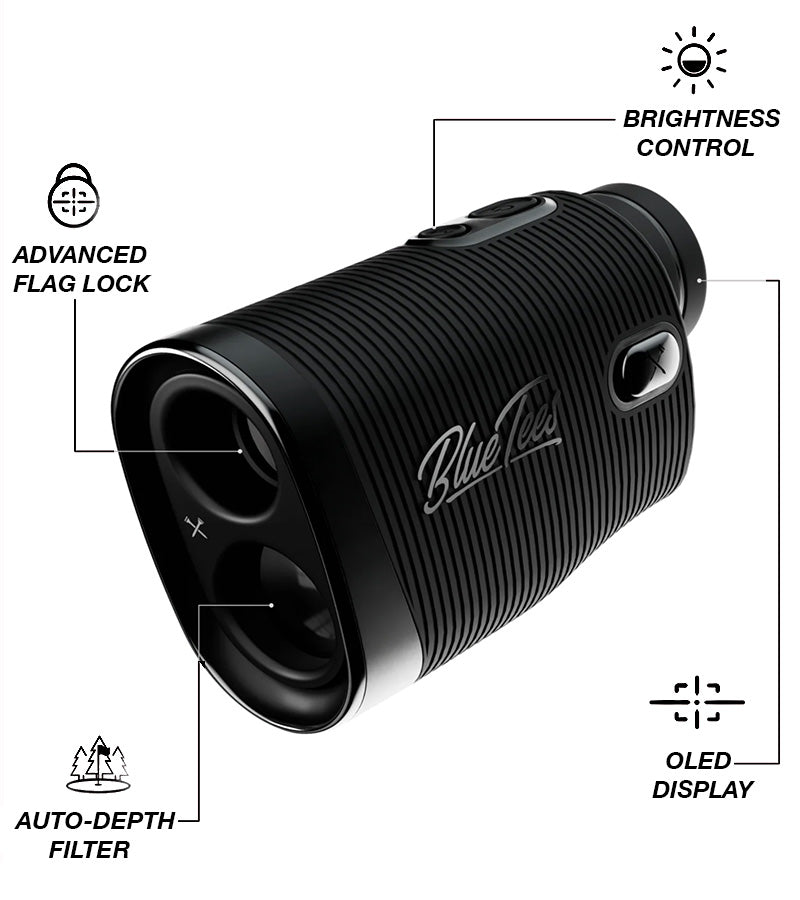 Black Blue Tees Series 4 Ultra Laser Rangefinder with OLED display and flag lock technology, featuring the brand logo on the side. Details