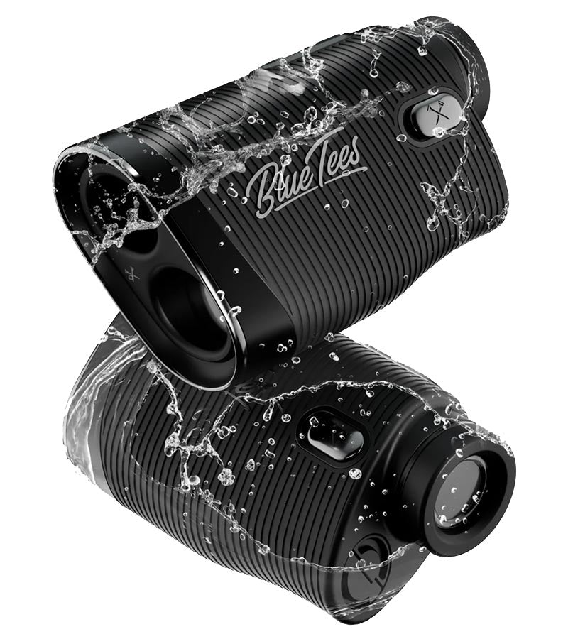 Black Blue Tees Series 4 Ultra Laser Rangefinder with OLED display and flag lock technology, featuring the brand logo on the side. Illustrating waterproof 2 views