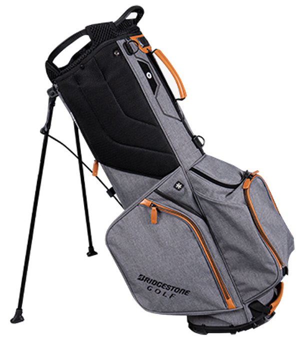 Bridgestone Premium Stand Golf Bag legs extended side 2 in Heather Gray with black and orange detailing