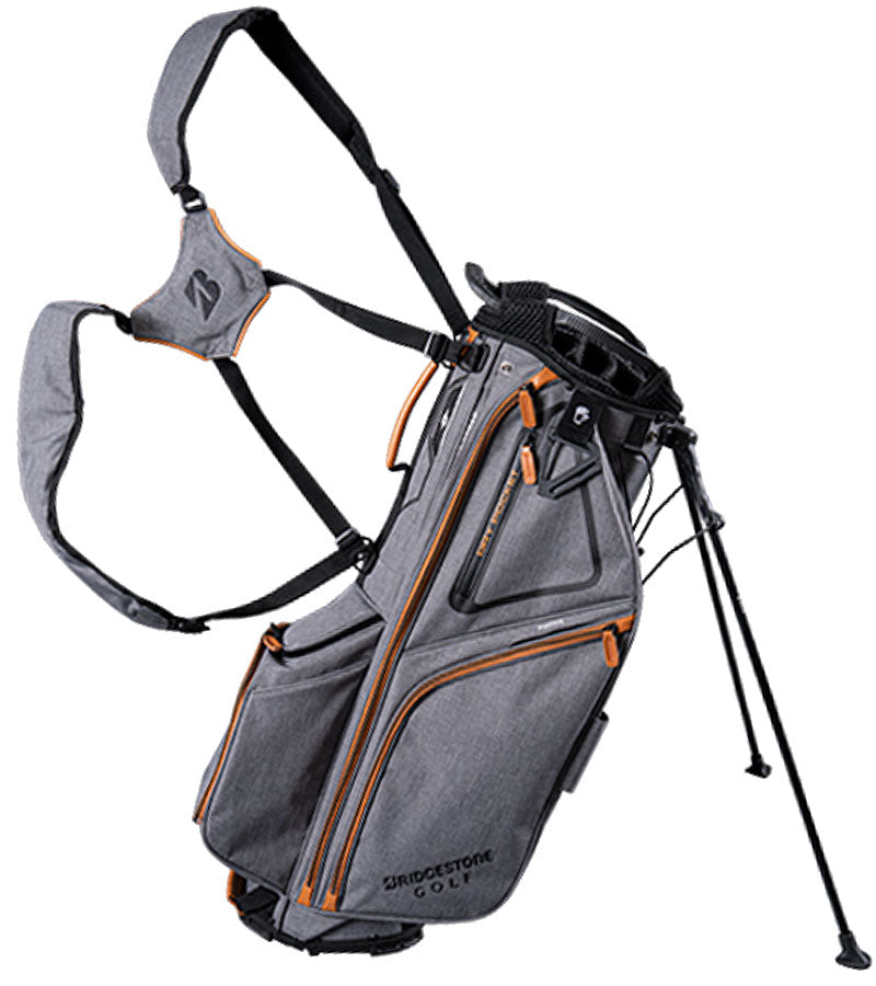 Bridgestone Premium Stand Golf Bag legs extended side with double carry straps in Heather Gray with black and orange detailing