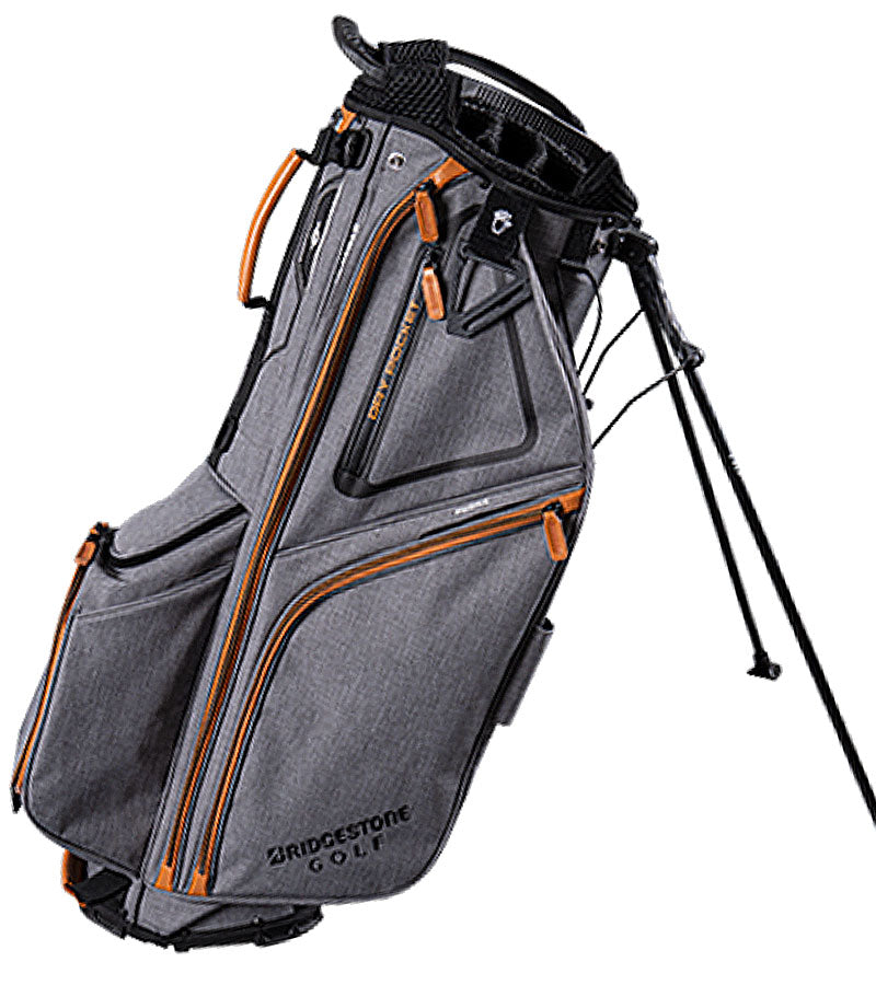 Bridgestone Premium Stand Golf Bag legs extended side 1 in Heather Gray with black and orange detailing