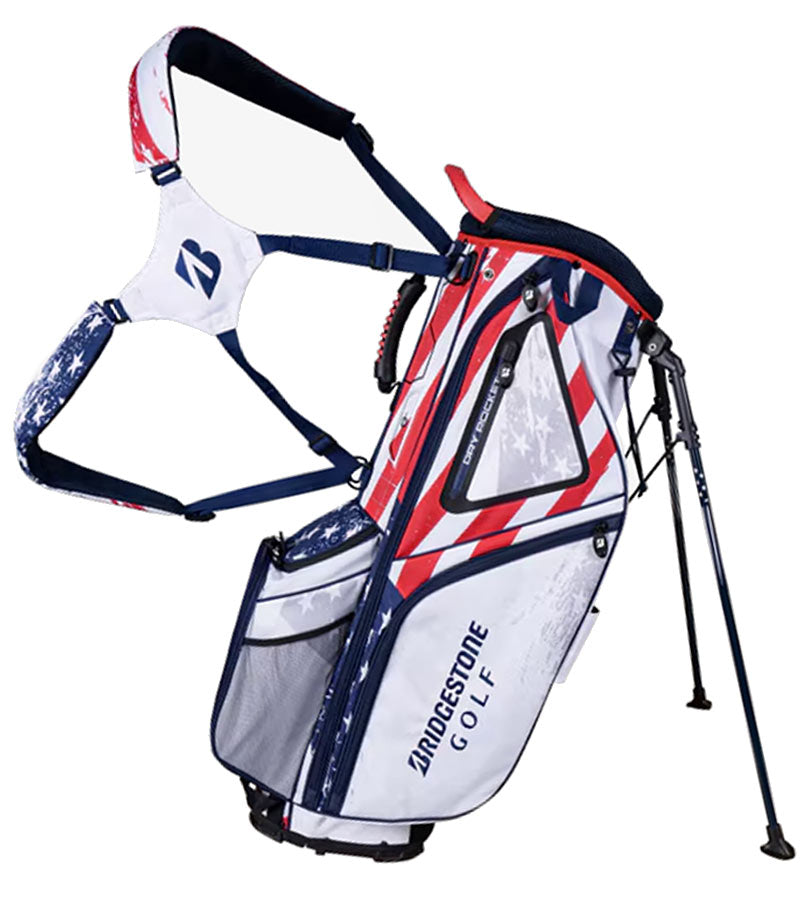 Bridgestone Liberty Collection Golf Stand Bag legs extended with carrying harness in the Old Glory patriotic design in red, white and navy stripes & stars