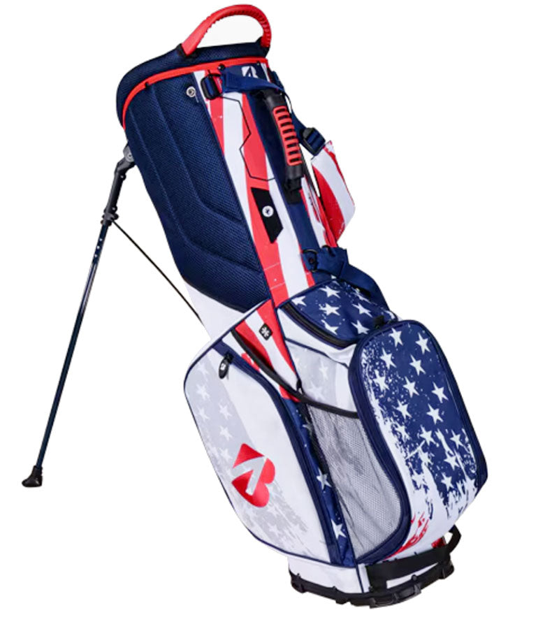 Bridgestone Liberty Collection Golf Stand Bag legs extended in the Patriot design with red, white and navy stripes & stars - view