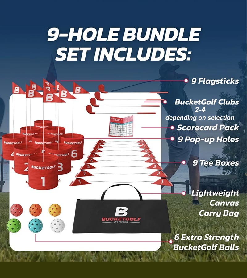 BucketGolf Bundle 9 Hole Set golf game poster showing all components