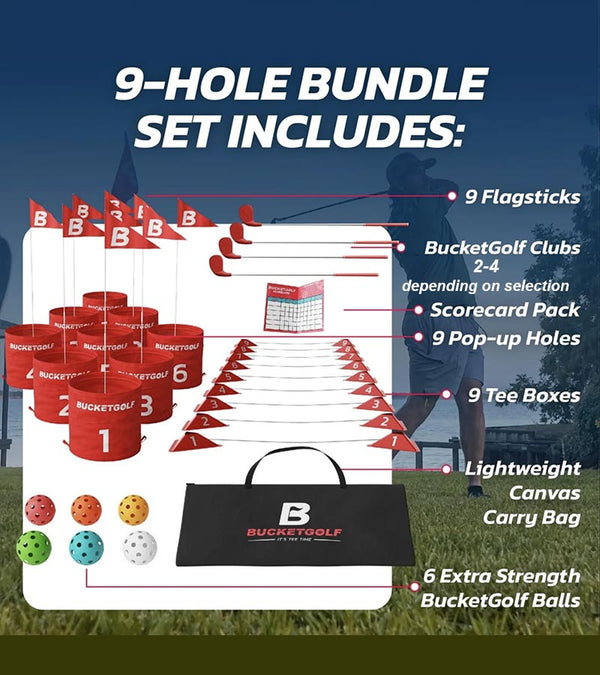 BucketGolf Bundle 9 Hole Set golf game poster showing all components