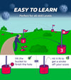 Illustration showing set up: Easy To Learn to play the BucketGolf Glow 3-Hole Golf Game Set.