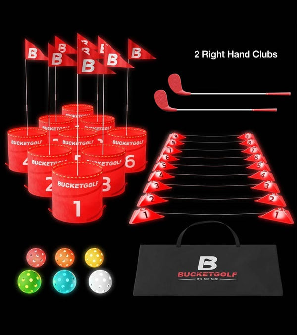 BucketGolf Glow Pro Bundle 9 Hole Golf Game Set with 2 right-hand plastic clubs. 6 colorful LED golf balls