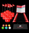 The BucketGolf Glow Pro 9 Hole Golf Game which includes: 9 LED Pop Up Holes, 9 Flagsticks, 9 LED Tee Boxes, 6 LED Balls, Carry Bag and 3 Scorecards