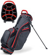Datrek Go Lite Hybrid Golf Stand Bag legs extended with top divider view next to bag in Charcoal/Black/Red