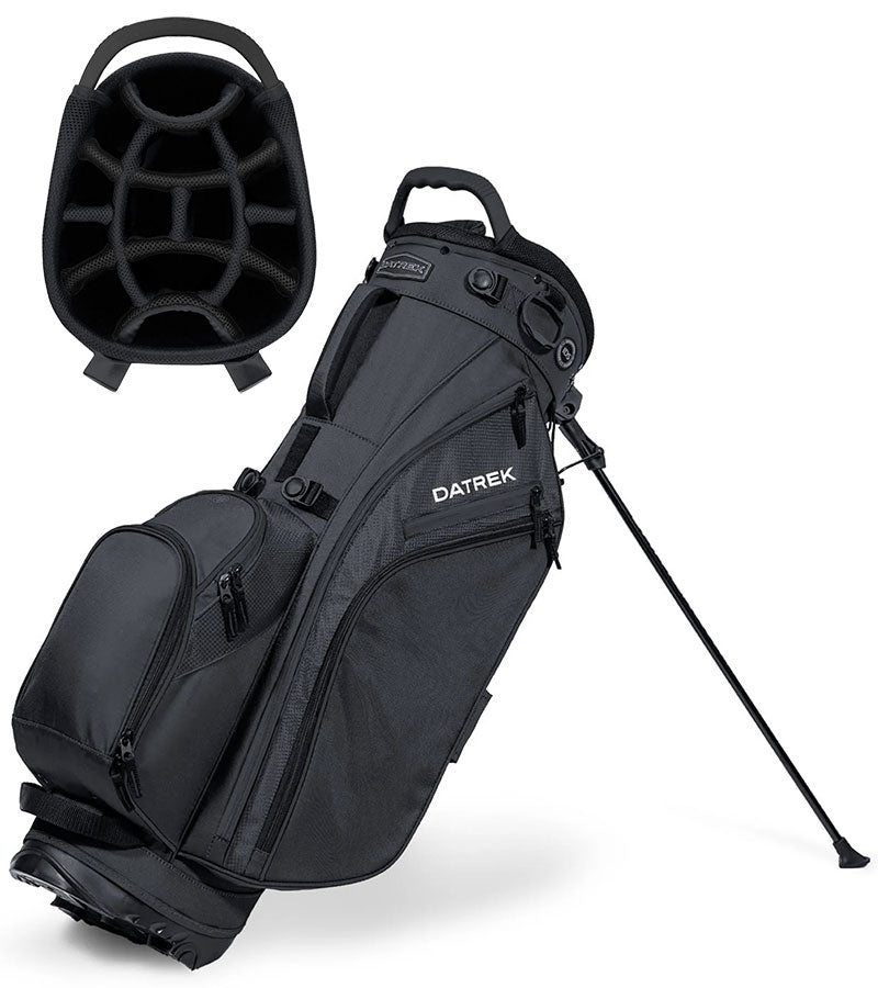 Datrek Go Lite Hybrid Golf Stand Bag legs extended with top divider view next to bag in Black.
