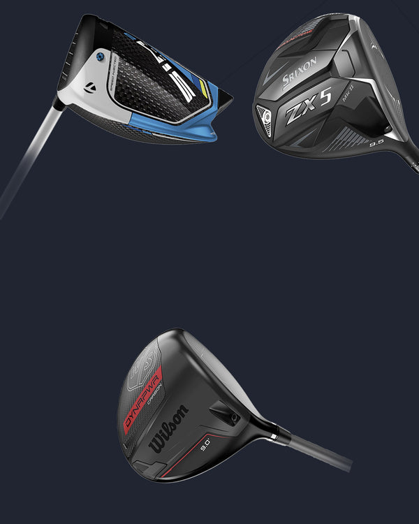 3 different club heads from different brands against a navy background