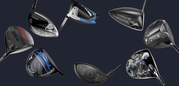 8 different club heads from different brands against a navy background