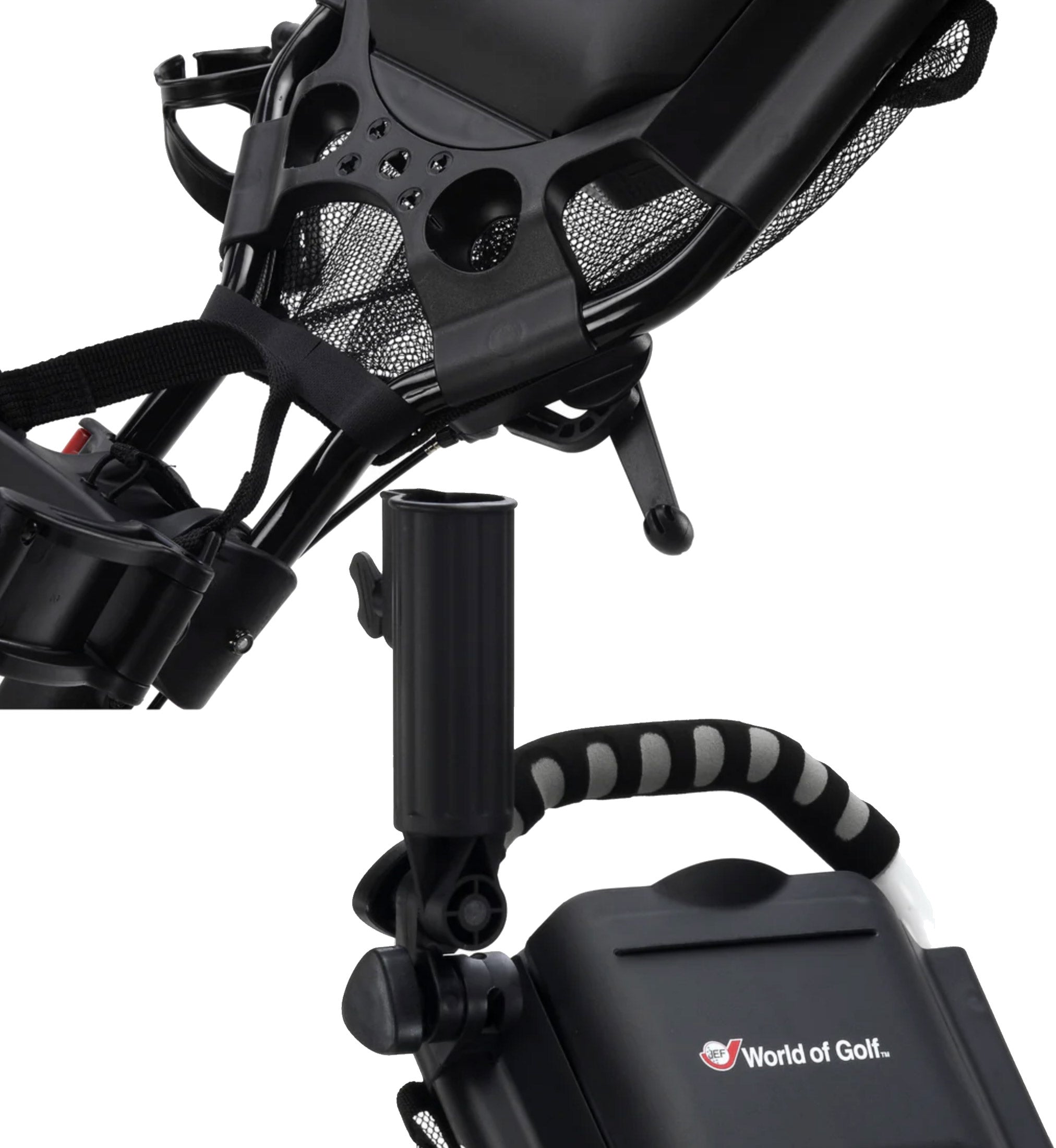 World of Golf EZ-FOLD 360 Golf Push Cart in black  details of handle with umbrella holder