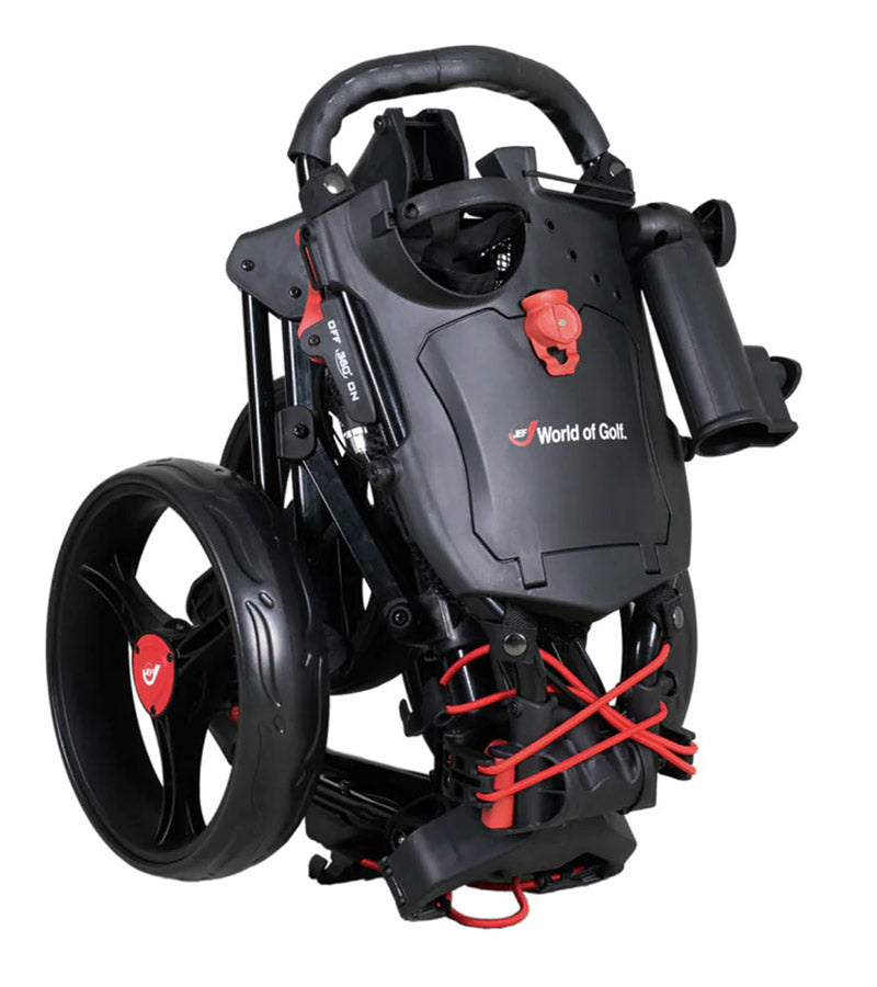 World of Golf EZ-FOLD 360 Golf Push Cart in black folded upright