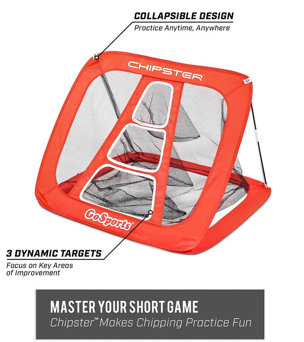 Gosports Chipster Golf Chipping Training Net - with arrows and descriptions of features