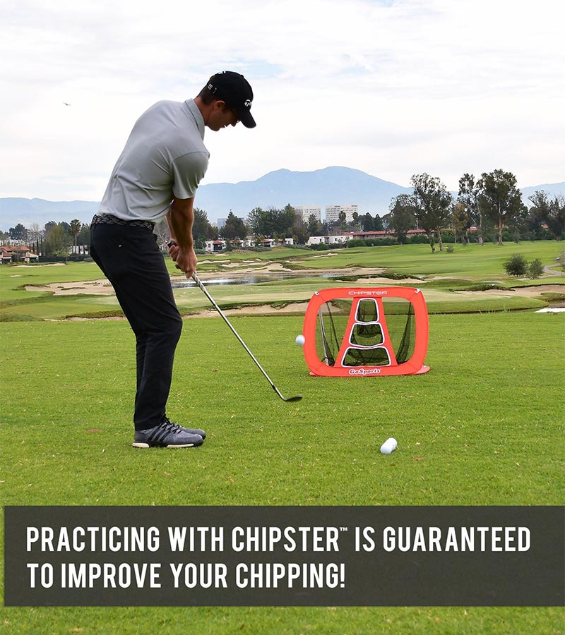 Gosports Chipster Golf Chipping Training Net - male golfer practicing outside with golf course in the background