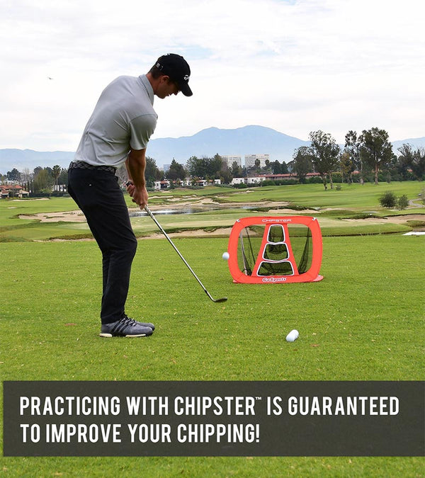 Gosports Chipster Golf Chipping Training Net - male golfer practicing outside with golf course in the background
