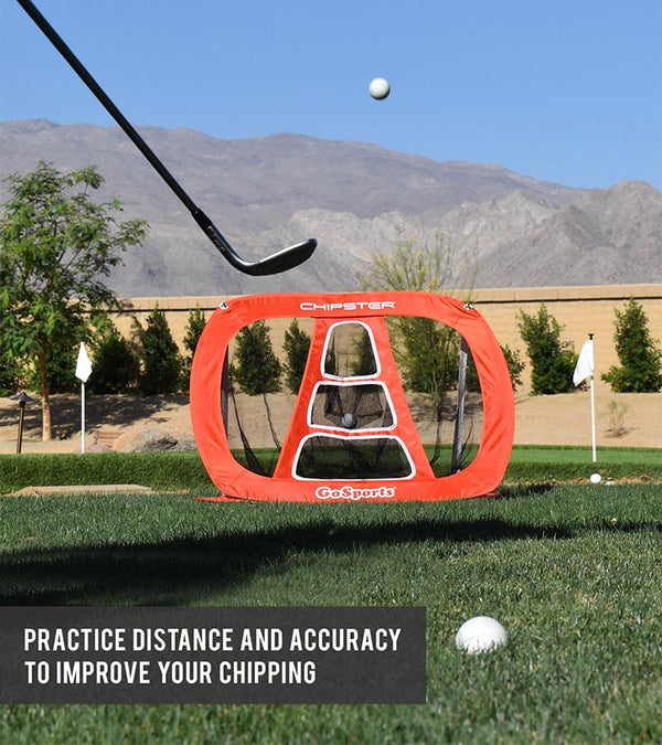 Gosports Chipster Golf Chipping Training Net - closeup of wedge chipping a golf ball towards the Chipster net