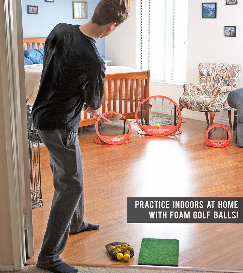 Gosports Chipster Range 3-Piece Golf Chipping Nets Practice System- golfer practicing in bedroom