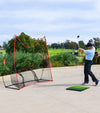 GoSports Golf Practice Hitting Net 7 Ft X 7 Ft - Golfer practicing outside. Golf course in the background.