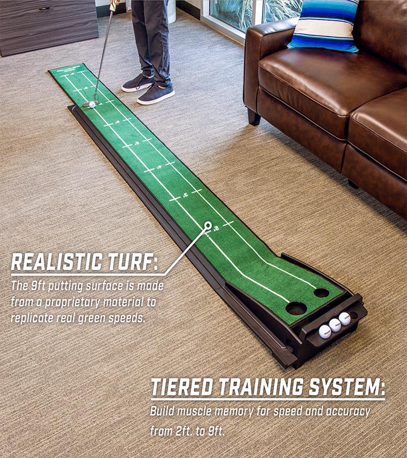 GoSports Pure Putt 9 Ft Indoor Putting Green Mat - in a room with partial man set up to putt a golf ball