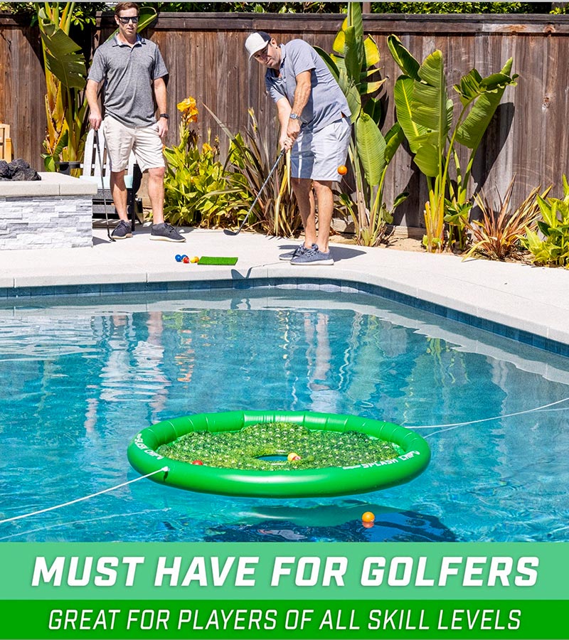 GoSports Splash Floating Golf Green - view of an outside pool with 2 men playing. 1 man is chipping a golf ball towards the floating circular green floating in the pool.