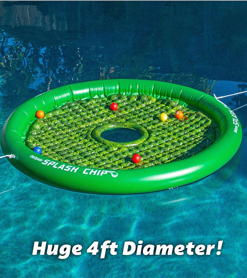 GoSports Splash Floating Golf Green -closeup view of circular flaoting green with 6 scattered golf balls
