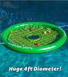 GoSports Splash Floating Golf Green -closeup view of circular flaoting green with 6 scattered golf balls