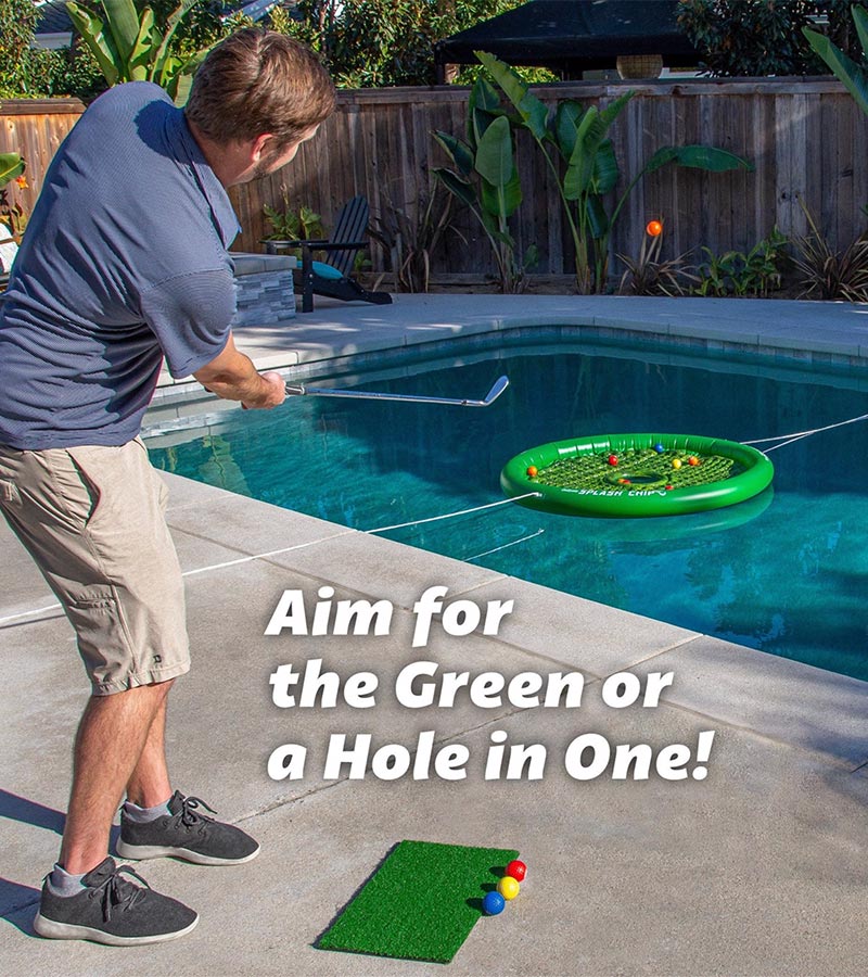 GoSports Splash Floating Golf Green wi outside pool with man chipping golf ball towards the floating circular green floating in the pool.