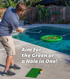 GoSports Splash Floating Golf Green wi outside pool with man chipping golf ball towards the floating circular green floating in the pool.