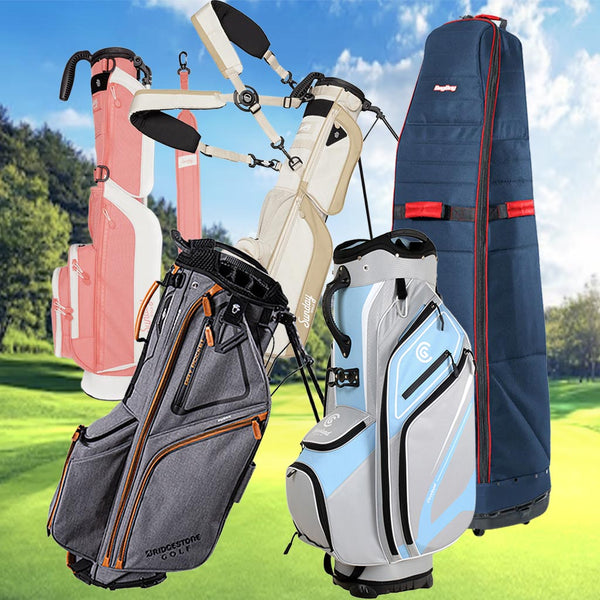 5 Different types of golf bags- carry, cart, travel - fairway in background