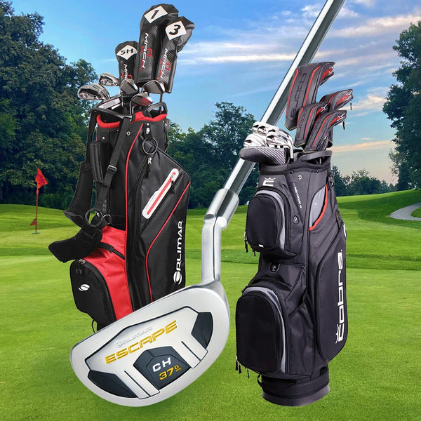 Orlimar MAch Pro 1 Mens Complete Set Stand golf bag and  Cobra  Air X Mens Complete Set cart golf bag with Orlimar wedge club in foreground and green with flag in background