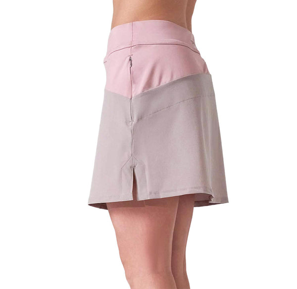 Inphorm MAI 17" Wrap Golf Skirt in Dusty Pink/Latte - partial model - left side view