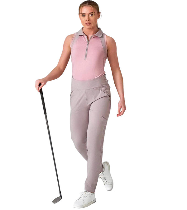 Inphorm BAILA Womens Golf Pants 29" inseam in Latte- model with club- front view