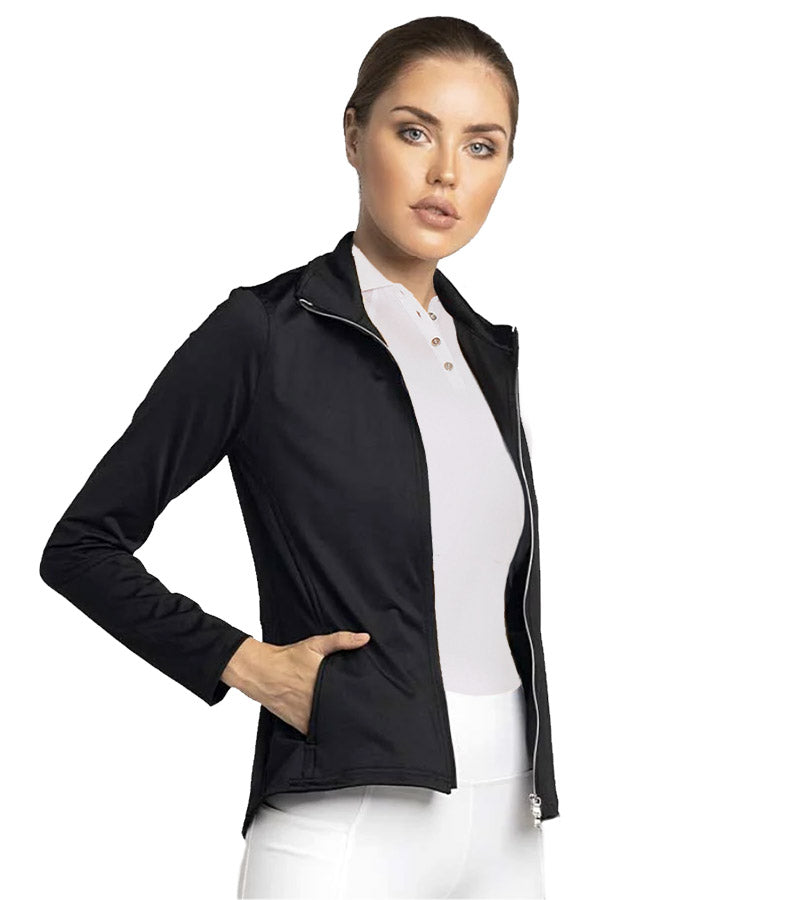 inPhorm Classic Blythe Women’s Jacket in black - model is front 3quarter view -open jacket