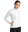 inPhorm Classic Blythe Women’s Jacket in white- model front view - jacket zippered closed