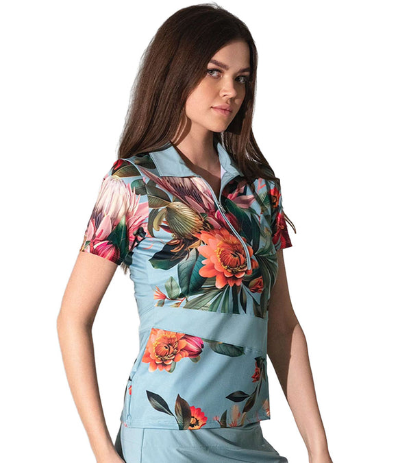Inphorm Elle Short Sleeve Womens Golf Polo with ½ Zipper in Veridian Floral Print - 3quarter right side view