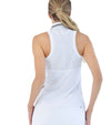 inPhorm Lilian Polo Tank Sleeveless Womens Golf Polo in White with black trim details-partial model with back view