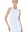 inPhorm Lilian Polo Tank Sleeveless Womens Golf Polo in White with black trim details-partial model with front view