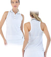 inPhorm Lilian Polo Tank Sleeveless Womens Golf Polo in White with black trim details- partial models in front and back viewa