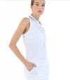 inPhorm Lilian Polo Tank Sleeveless Womens Golf Polo in White with black trim details-partial model with side view