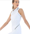 inPhorm Lilian Polo Tank Sleeveless Womens Golf Polo in White with black trim details-partial model with left side view
