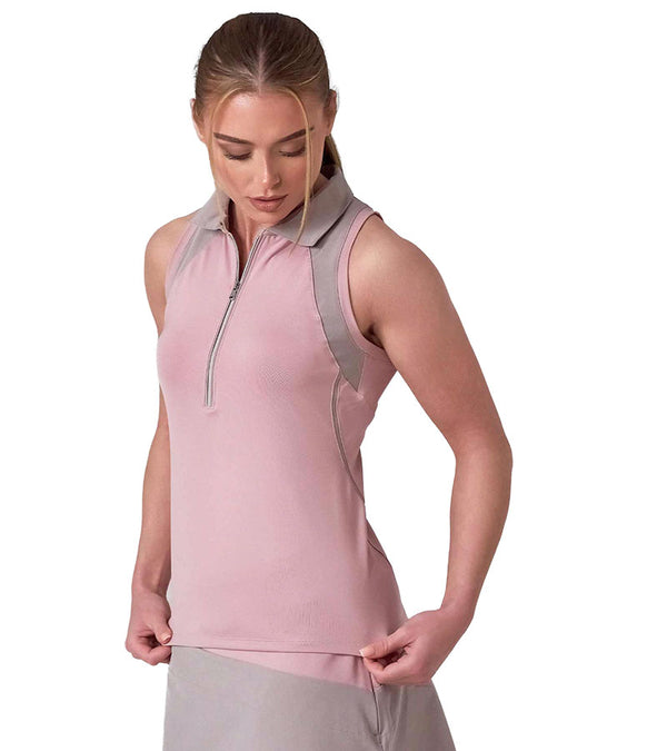Inphorm MAI Womens Sleeveless Golf Polo w/ Razor Back - partial models in Dusty Pink /Latte 3quarter front view